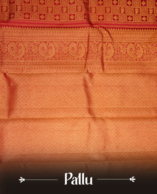 Maroon colour kancheepuram silk saree featuring gold zari check pattern across body, complemented by selfcolour border traditional zari border, paired with matching blouse piece.
