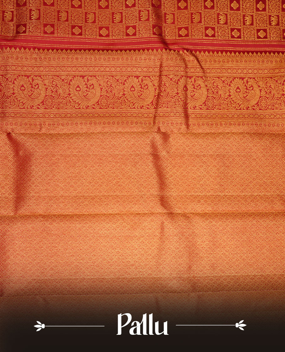 Maroon colour kancheepuram silk saree featuring gold zari check pattern across body, complemented by selfcolour border traditional zari border, paired with matching blouse piece.