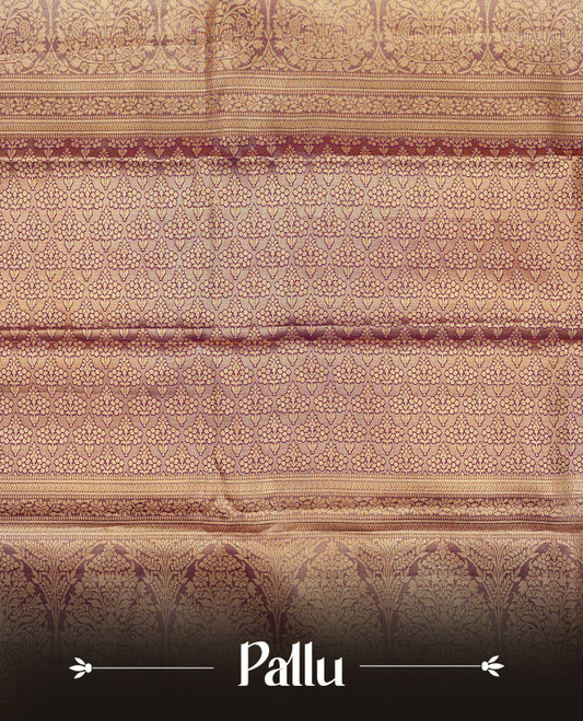 Gold & Maroon colour Double shade Semi tissue silk saree featuring Gold & silver Floral kodi pattern on body, Contrast Maroon colour with traditional border, paired with matching.