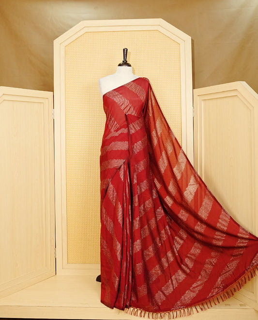 Maroon colour Vijitra silk Saree Featuring Leheriya style gold Printed body, complemented by contrast pallu & tassels