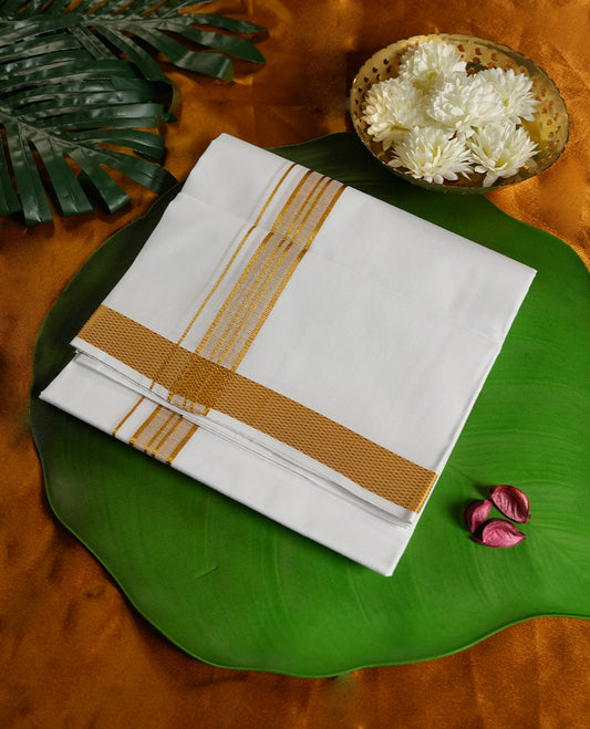 White colour cotton dhoti with classic golden zari borders, perfect for traditional functions, rituals, and festive occasions & A blend of comfort and timeless style for a graceful ethnic look.
