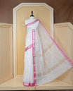 Cream Colour  Silk Cotton Kerala Saree Featuring Delicate Butta Motifs Across The Body, Enhanced With A Pink And Rose Gold Zari Border, Traditional Gold Zari Pallu, And A Matching Blouse Piece.