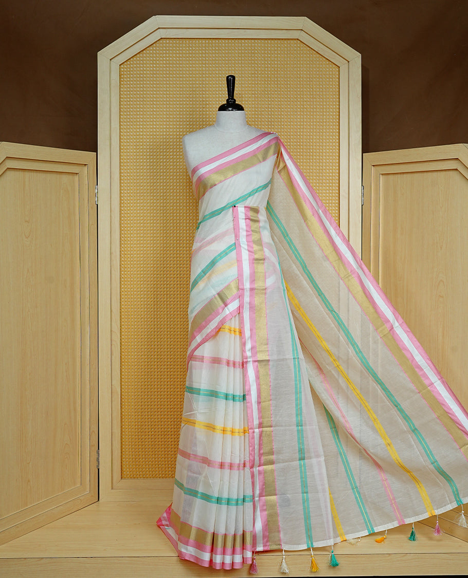 Cream colour Cotton kerala Saree featuring Pink, Gold zari and green colour striped body, Elegant borderless, comes with matching blouse piece.