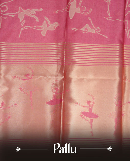 Pink colour semi tussar silk saree, featuring an intricate white dancing women motif on the body and pallu with gold zari , comes with matching blouse.