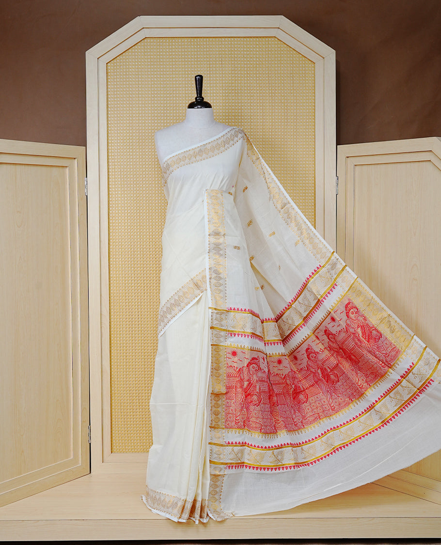 Cream Colour Cotton Kerala Saree Featuring Gold Buttas on the Body, a Classy Gold Zari Border, and a Traditional Red Colour Lord Krishna Thread work and Gold Zari Pallu, Paired with a Matching Blouse Piece.