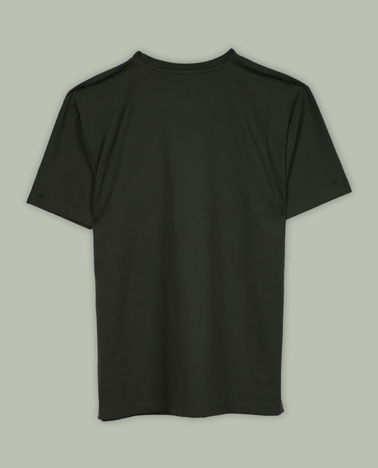 Dark olive green colour T shirt featuring a multicolour graphic print with a text &  designed with a classic round neck and short sleeves,made from soft breathable fabric for a comfortable and stylish everyday look.