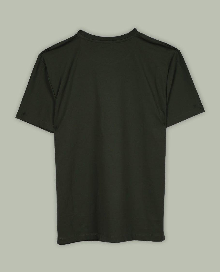 Dark olive green colour T shirt featuring a multicolour graphic print with a text &  designed with a classic round neck and short sleeves,made from soft breathable fabric for a comfortable and stylish everyday look.