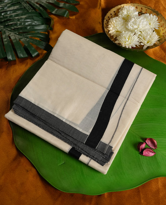 Off white colour cotton dhoti with a bold black border for a refined traditional look, Soft, breathable, and perfect for weddings, rituals, or everyday ethnic wear.