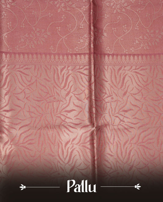 Peach colour semi tussar silk saree, featuring an intricate gold zari floral kodi pattern on the body and pallu, comes with matching blouse.