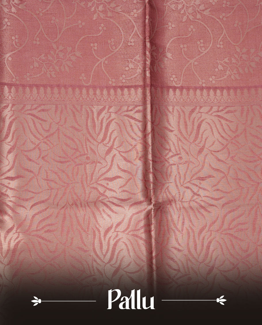 Peach colour semi tussar silk saree, featuring an intricate gold zari floral kodi pattern on the body and pallu, comes with matching blouse.