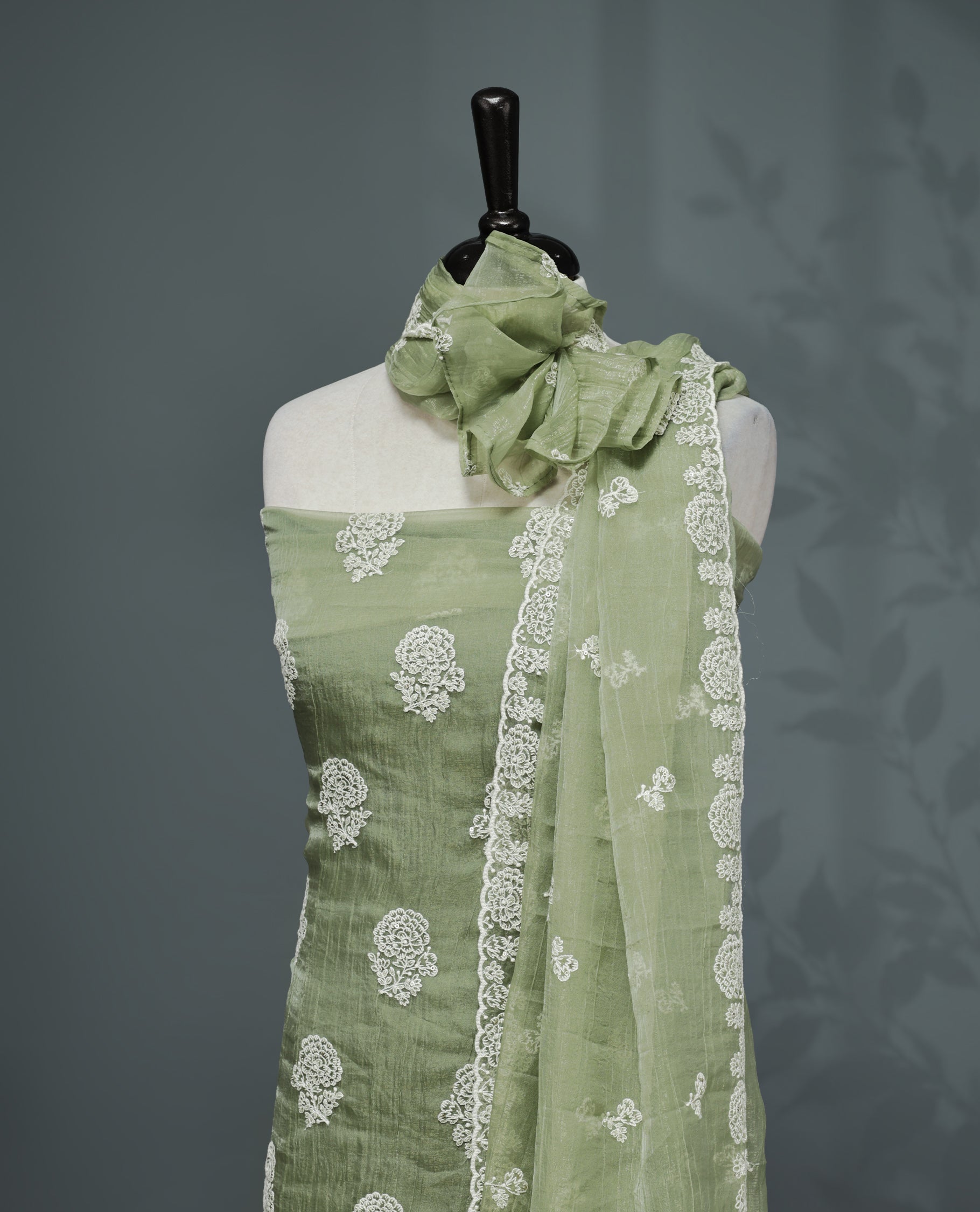 Olive Green Colour Organza  Salwar material Featuring White Embroidery Work On body & Matching Organza Dupatta with Same work & Scallop border, matching bottom.
