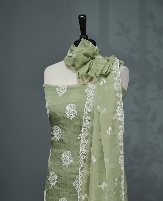 Olive Green Colour Organza  Salwar material Featuring White Embroidery Work On body & Matching Organza Dupatta with Same work & Scallop border, matching bottom.