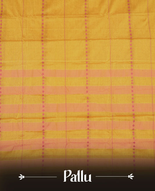 Yellow colour Narayanapattu cotton saree featuring a Rani pink striped pattern on body, contrast Rani pink colour with silver zari border and pallu, pairing a matching blouse piece.