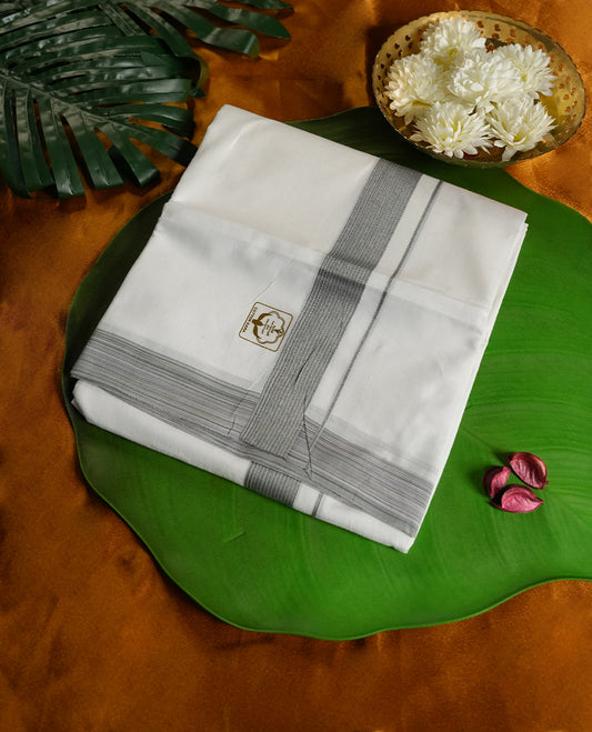 White colour cotton dhoti featuring a subtle grey border with fine stripe detailing, perfect for a refined traditional look & Ideal for rituals, cultural events, and festive occasions.