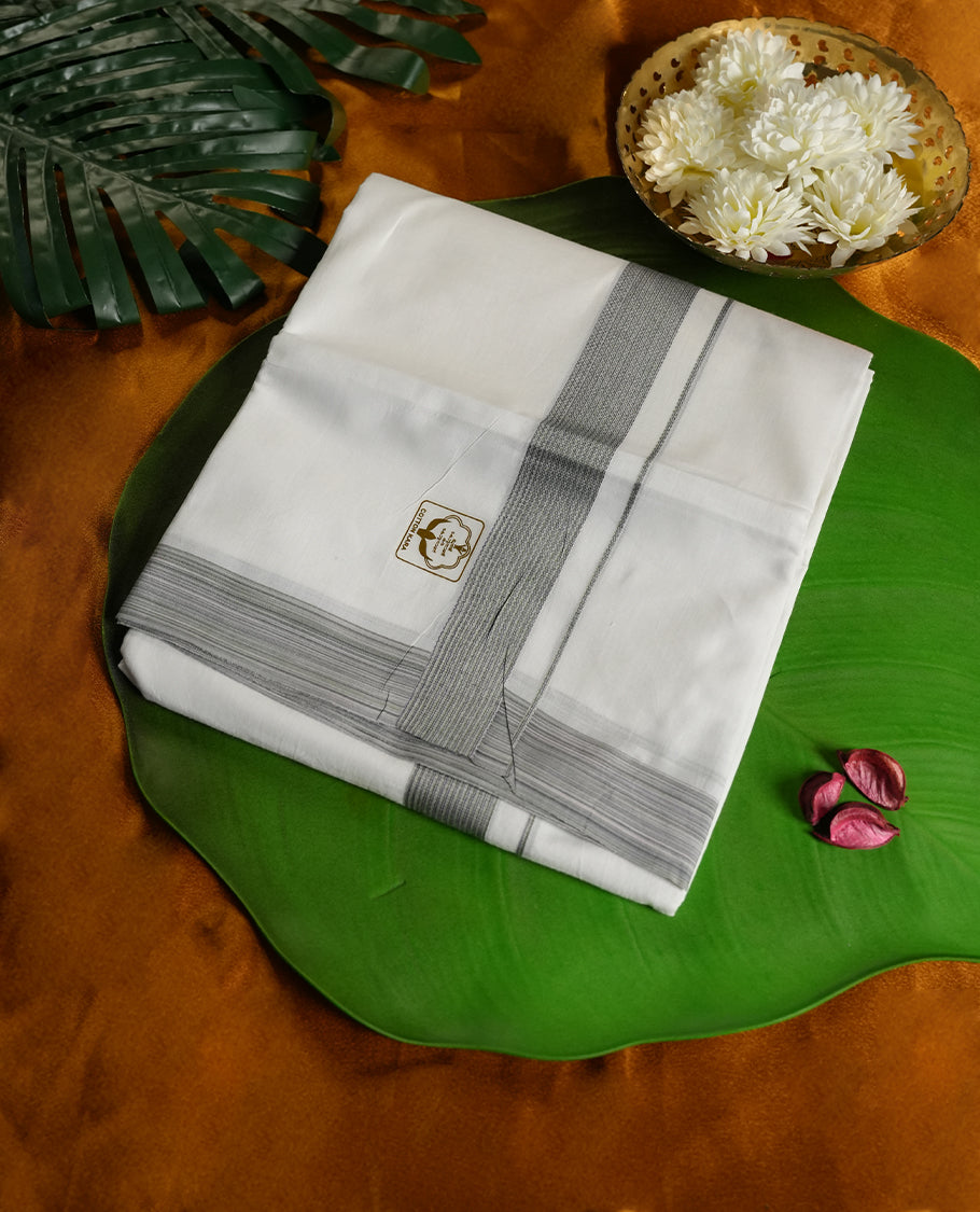 White colour cotton dhoti featuring a subtle grey border with fine stripe detailing, perfect for a refined traditional look & Ideal for rituals, cultural events, and festive occasions.
