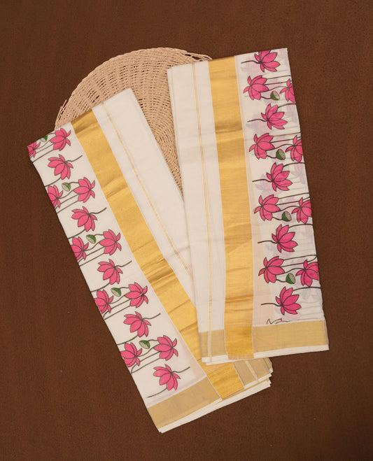 Off white colour cotton set mundu highlights gold traditional border featuring pink floral print across border (2.00/2.80 MTS)