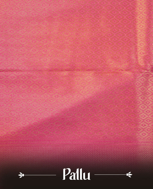 Rani pink colour semi soft silk brocade saree featuring delicate gold brocade patterns on the body, highlighted with a self-colour woven border and pallu, paired with a matching blouse piece.