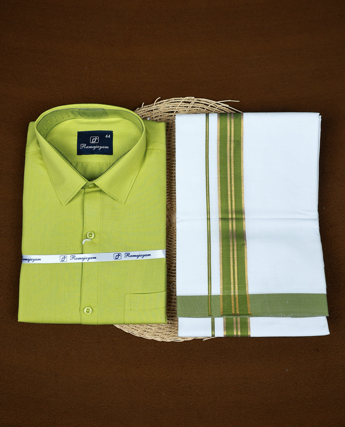 Lime Green colour RAMAJAYAM shirt paired with a matching dhoti, finishing with a Green & Gold kara