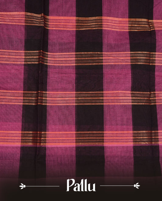 Pink & Purple colour chettinad cotton saree featuring check pattern on body, complemented by Self Colour with gold zari border, comes with matching blouse piece.