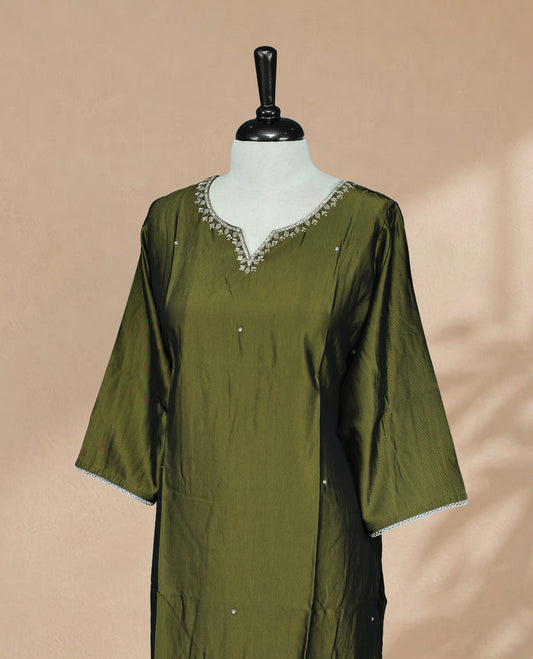 Olive Kurti featuring beadwork across the body, a V-shaped neckline adorned with bead and stonework, and a 3/4-sleeve design.