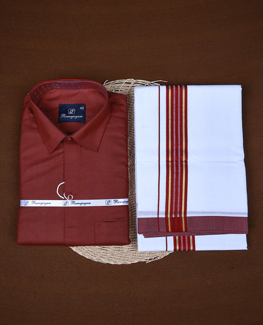 Maroon  colour RAMAJAYAM shirt paired with a matching dhoti, finishing with a maroon kara
