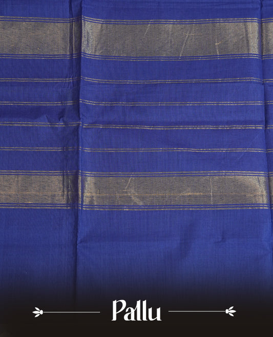 Blue colour chettinad cotton saree featuring Elegant plain body,Self colour with Gold zari border, comes with matching blouse piece.