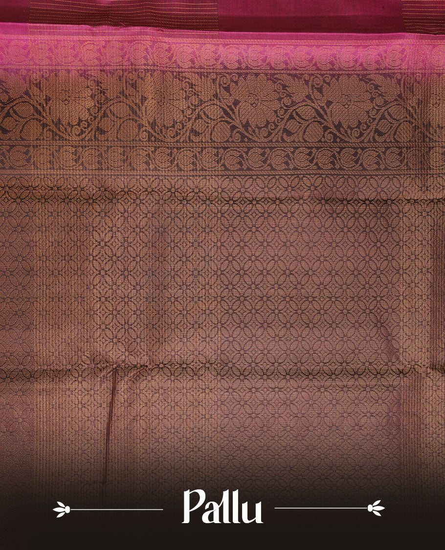 Pink colour soft silk saree featuring small zari check on body, complemented by contrast burgundy colour with peacock butta border, paired with matching blouse piece.