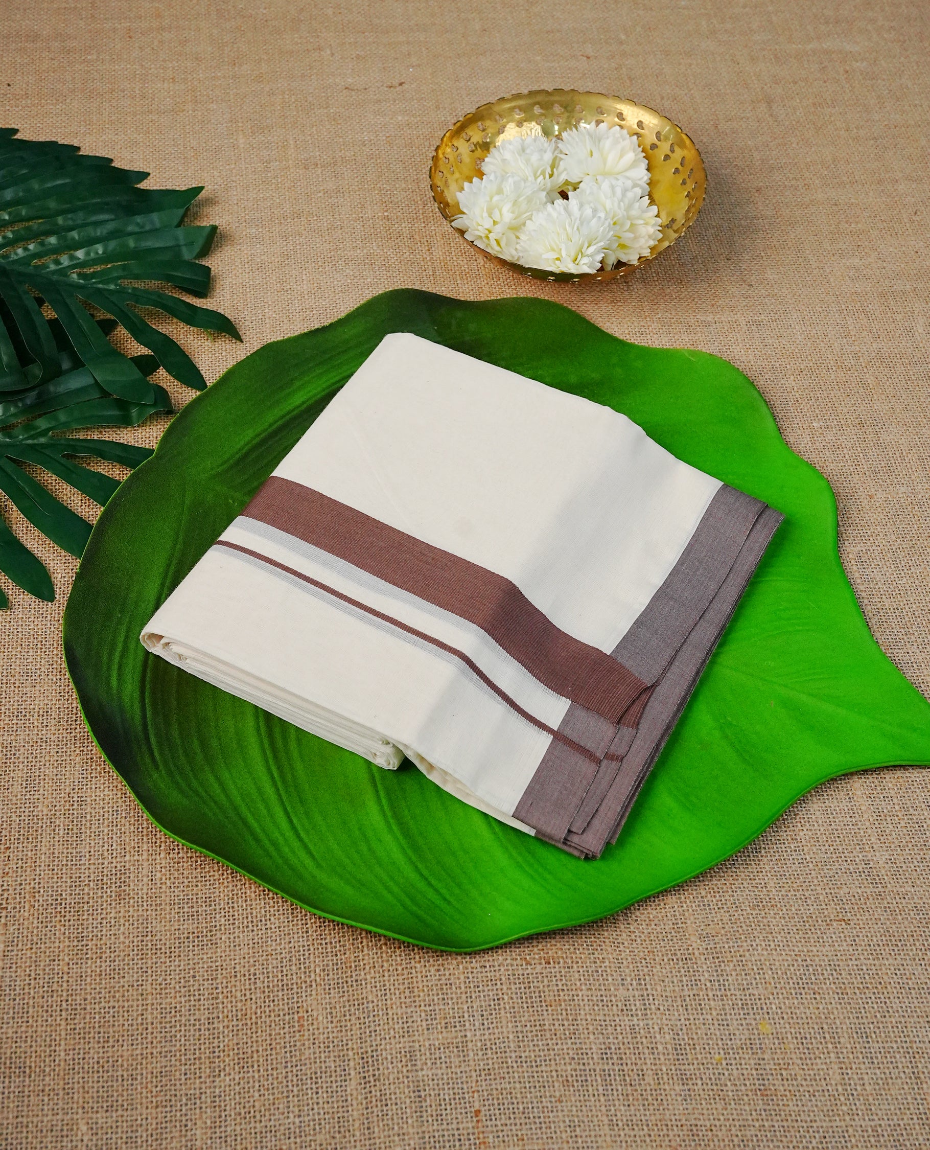 Cream Colour Cotton Double Dhoti Finished With A Classic Brown Kara