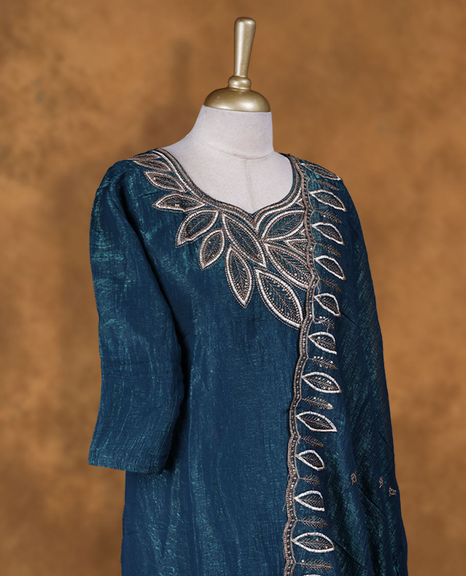 Navy blue colour churidar set featuring thread and embroidered Leaf pattern neckline, sleeves, and thread embroidery on body , Paired with a matching dupatta