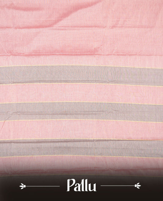 Baby pink colour Narayanapattu cotton saree featuring a self coloured body, contrast Chocolate brown colour with silver zari border and pallu, pairing a matching blouse piece.