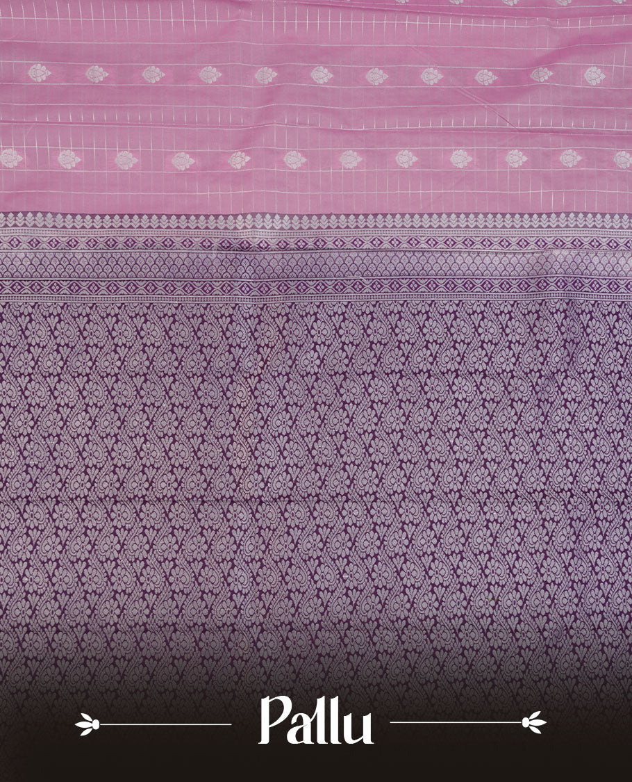 Lavender colour semi silk saree highlighting silver zari box pattern and motifs across body, featuring contrast silver colour border with gold zari pattern, comes with matching blouse .