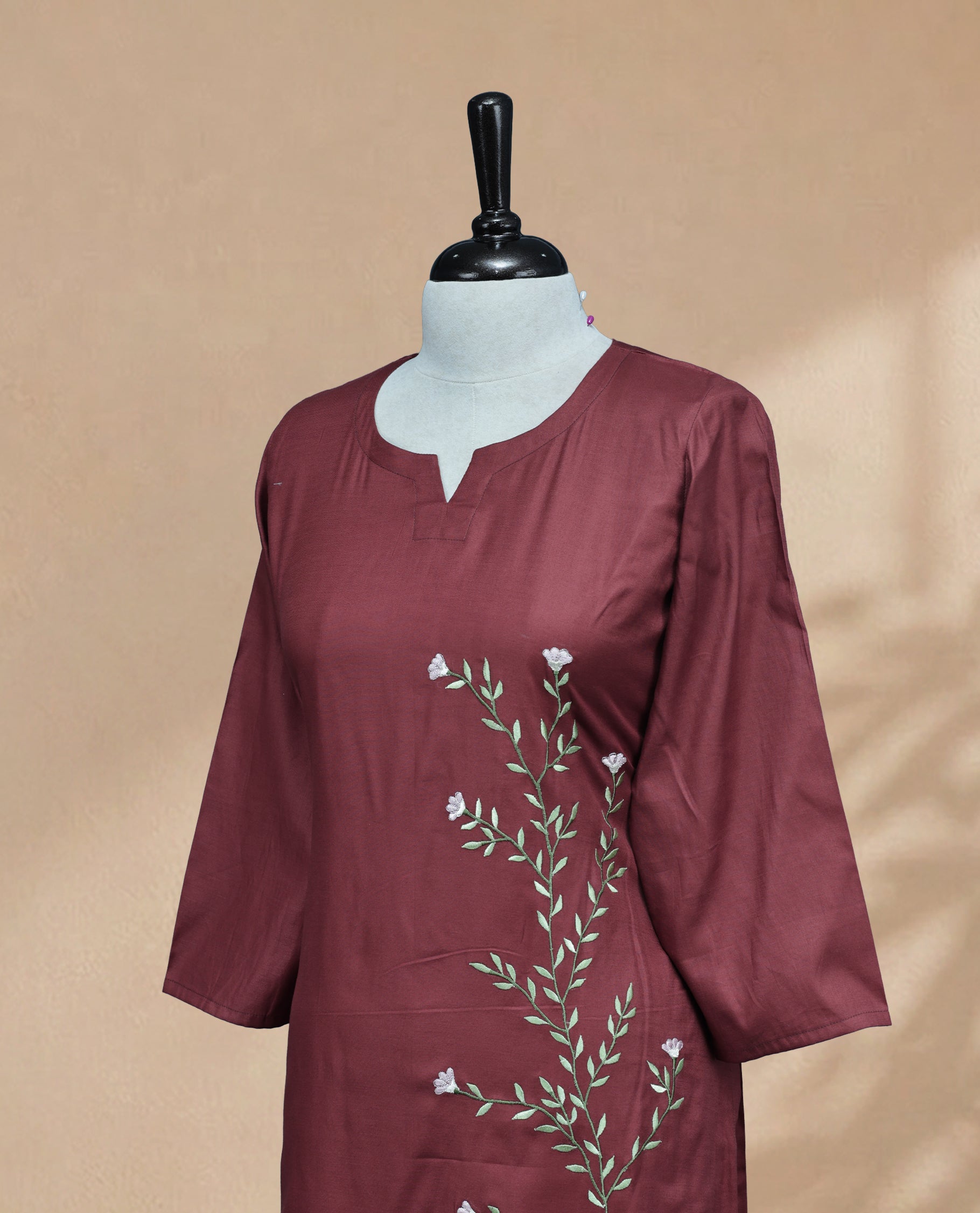 Maroon Colour Kurti Featuring U-Shaped Neckline, delicate  floral vine embroidery Work On Body & Sleeve