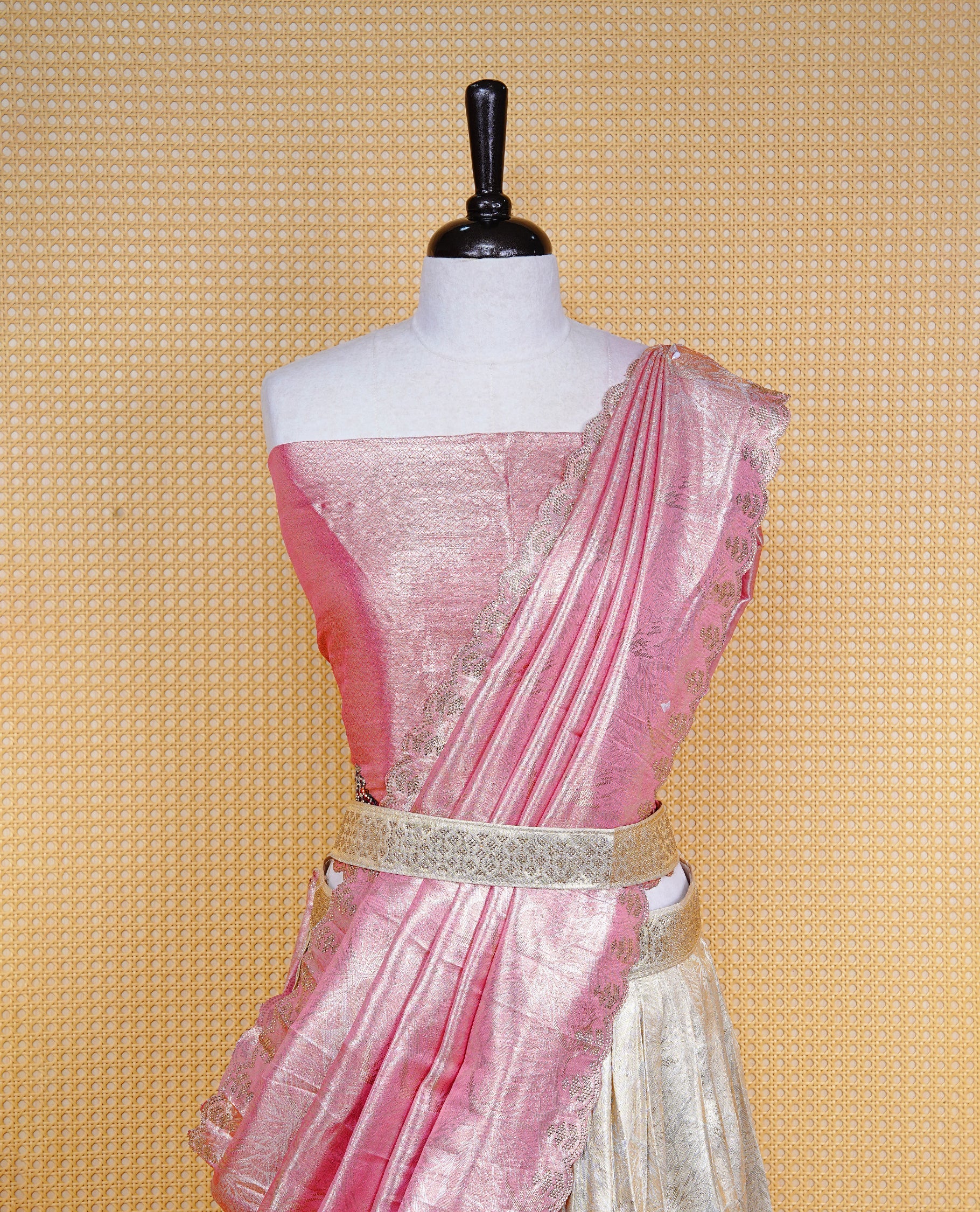 Light gold & Light Pink Semi Stitched Dhavani Set Light Gold Skirt With Floral Pattern With Stone Worked Border, Paired with Unstitched Blouse, Elegant Dupatta For Prefect look.