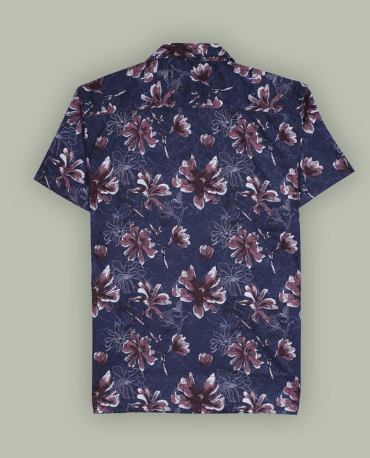 Dark grey colour shirt adorned with brown and white floral prints, featuring short sleeves and a classic collar, A stylish blend of elegance and comfort, perfect for casual and semi-formal wear.