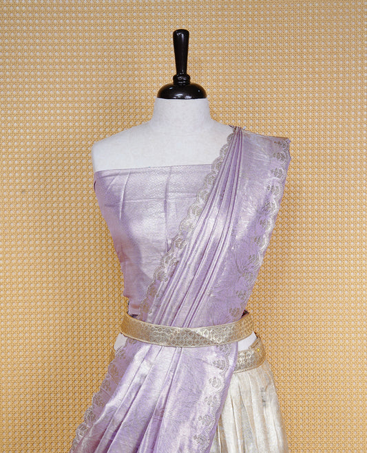 Light gold & Light Lavender Semi Stitched Dhavani Set Light Gold Skirt With Floral Pattern With Stone Worked Border, Paired with Unstitched Blouse, Elegant Dupatta For Prefect look.