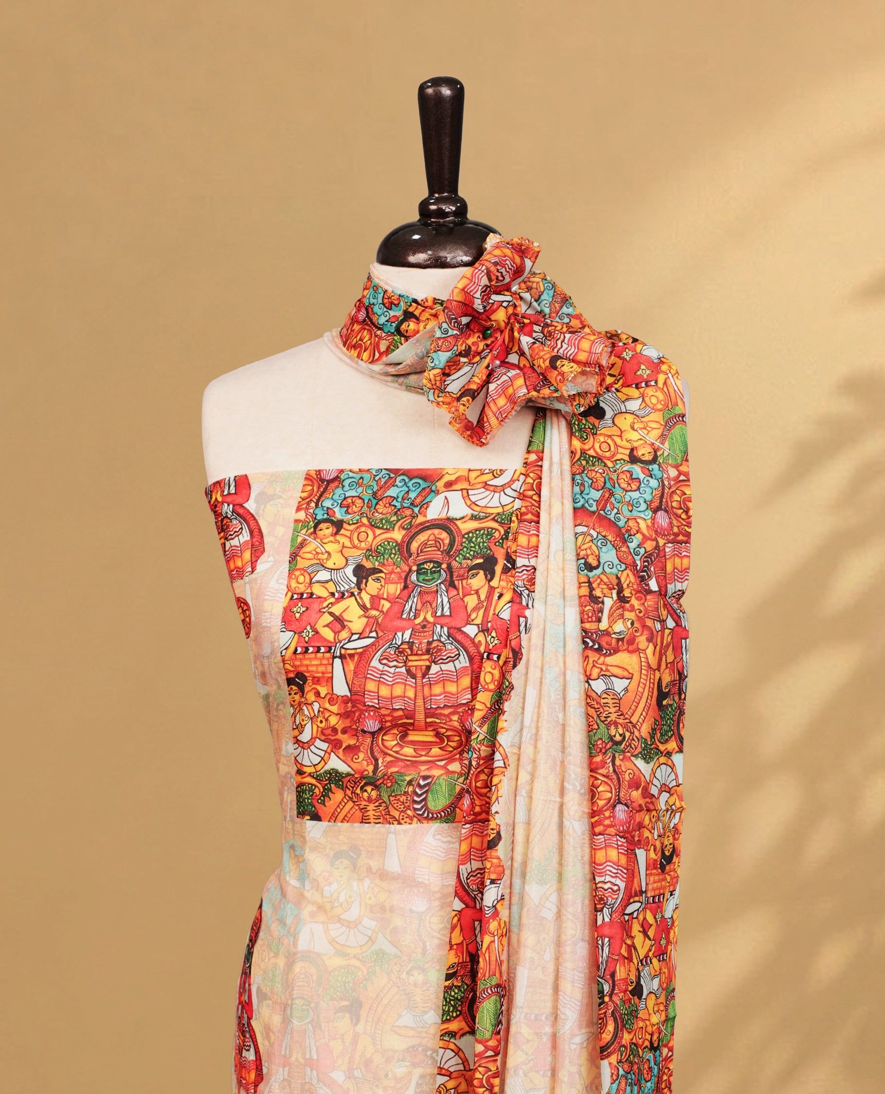 Cream colour salwar material Featuring Indian Art forms Print on body, paired with matching bottom & Elegant Dupatta