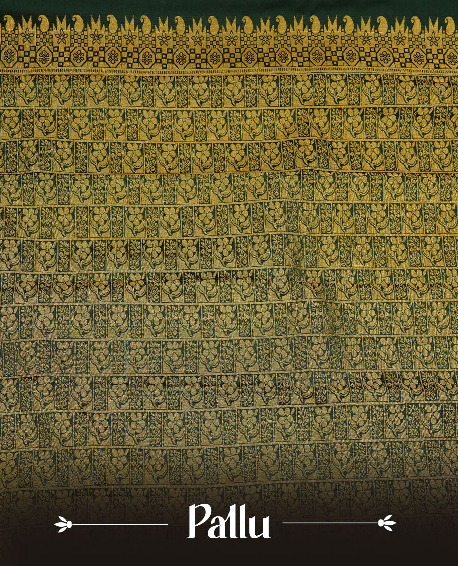 Dark green colour soft silk saree featuring gold zari motifs on body, complemented by self colour with traditional border, paired with matching blouse piece.