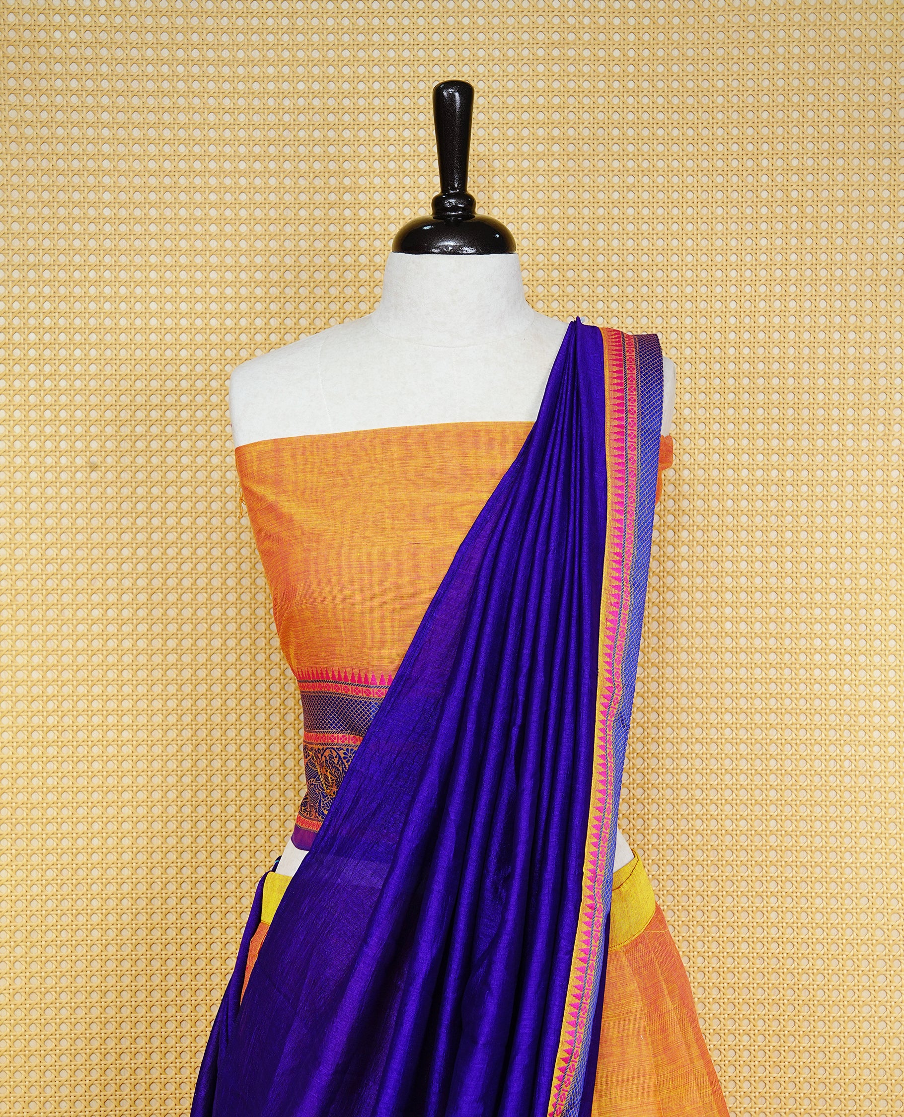 Mustard colour Dhavani set Featuring Mustard Skirt and Contrast Violet colour with Zari border, paired with UnStitched Blouse & Elegant Dupatta.