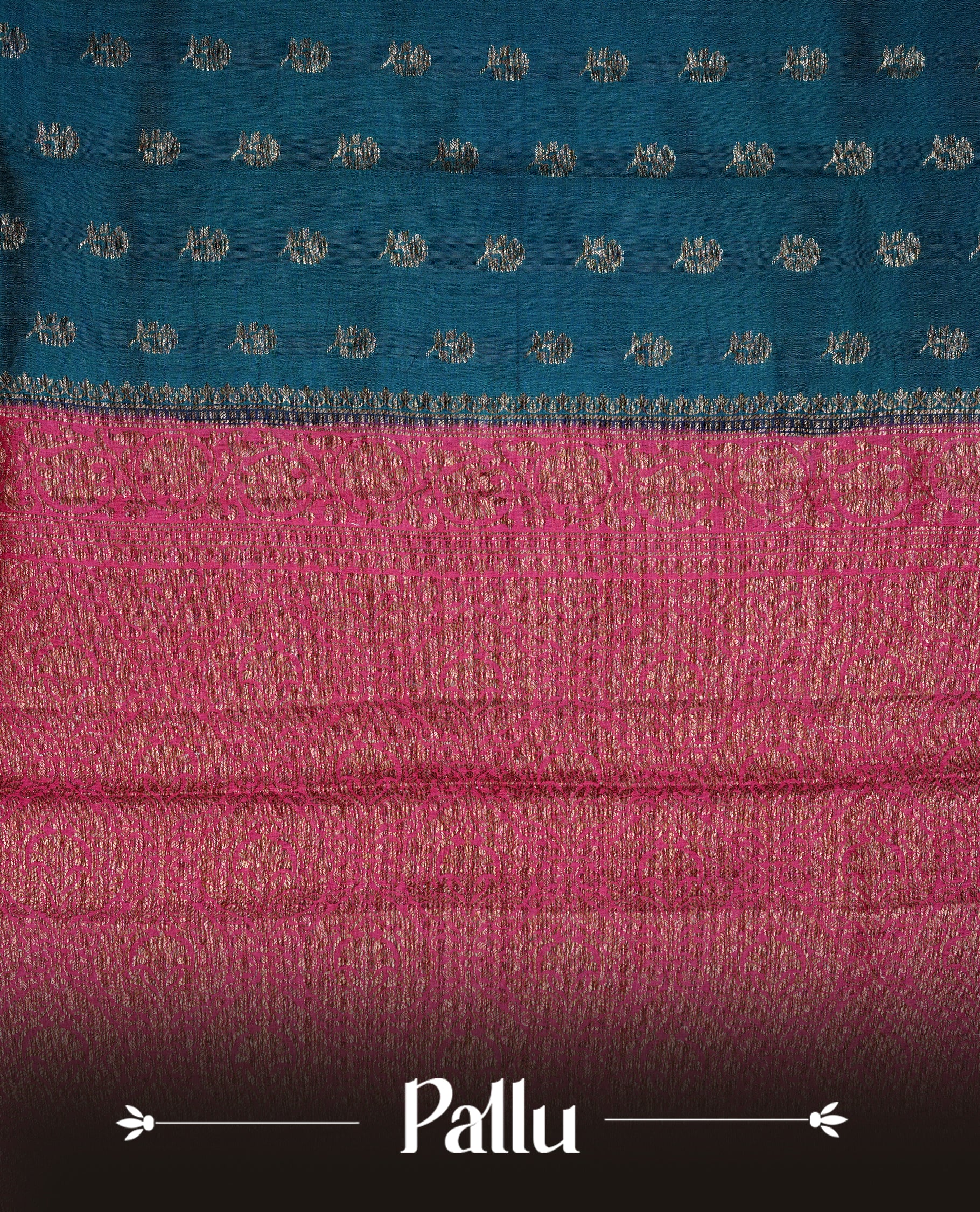 Teal colour pure tussar Banaras silk saree featuring intricate gold zari motifs across the body, enhanced with a contrast Magenta floral kodi zari border for a rich traditional look. Comes with a matching blouse piece.
