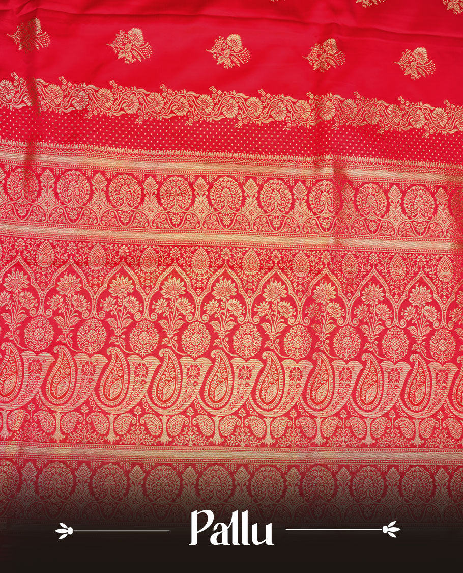Red colour Banaras Satin Crepe saree featuring gold zari floral motifs on the body, a richly detailed traditional border with intricate gold zari work, and paired with a matching blouse.