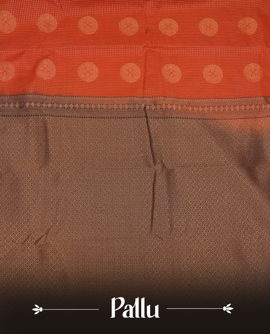 Dark Rust orange colour semi silk saree featuring gold zari checks with floral motifs on body highlighting contrast dark chocolate gold zari small mango border , paired with matching blouse