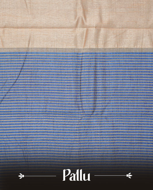 Light Gold Tussar saree featuring Gold zari buttas on body, complemented by contrast Blue Colour with Gold zari border, comes with matching blouse piece.
