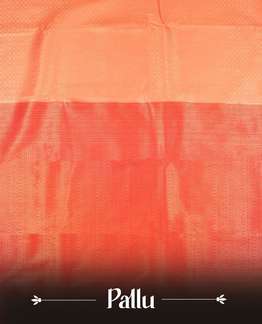 Pink colour semi silk brocade saree featuring intricate Gold Floral kodi & leaf patterns across the body, complemented by a contrast Magenta colour woven border and pallu, paired with a matching blouse.