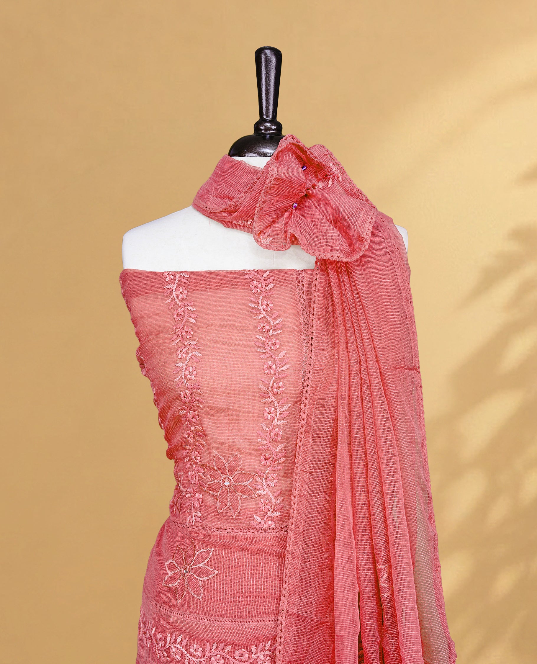 Mavue colour Salwar material featuring Self colour Floral Thread pattern, Matching bottom and paired with Same colour with thread patterned Dupatta.
