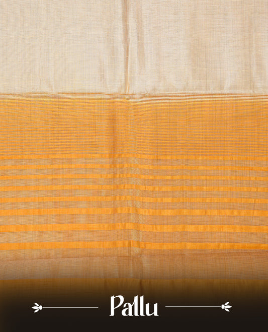 Light gold tussar saree featuring Elegant plain body, complemented by contrast Orange colour with Gold zari Floral kodi with Elephant Pattern border, comes with matching blouse piece.