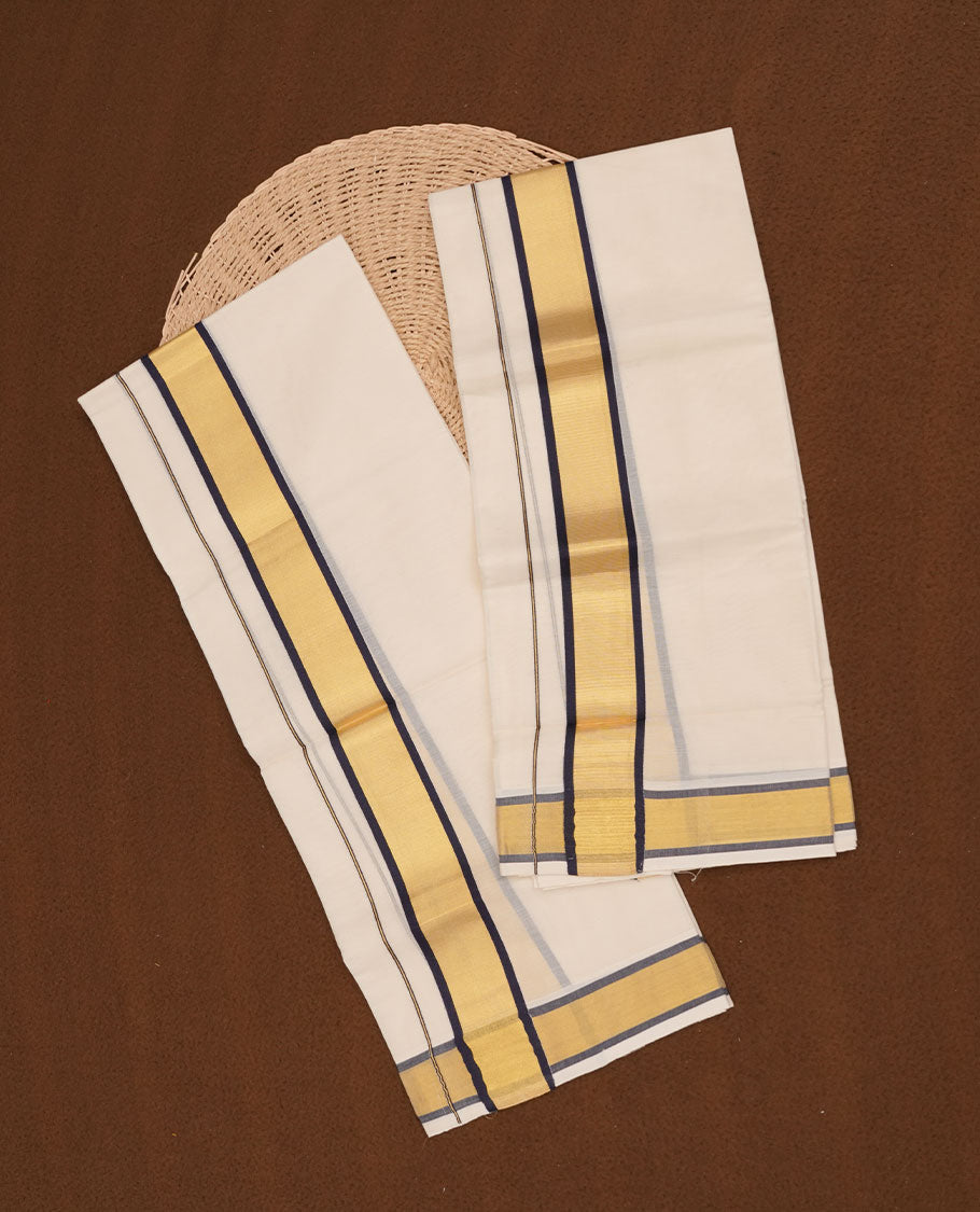 Off white colour cotton set mundu highlights gold and black border (2.00/2.80 MTS)