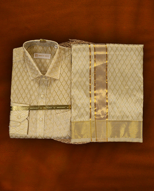 Fawn gold colour MINISTER WHITE jacquard silk shirt featuring an elegant diamond weave pattern, paired with a matching golden zari bordered dhoti, creating a rich and festive traditional ensemble.