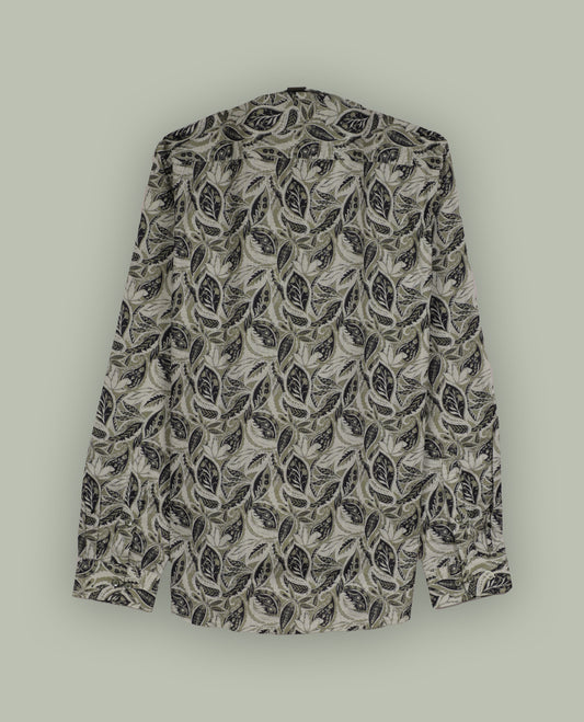 Olive green colour leaf printed full sleeve shirt featuring an all over hand drawn botanical design, Styled with a neat mandarin collar and button down front, offering a trendy and refreshing look.