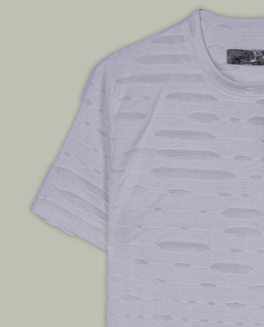 Off white colour textured T shirt featuring a crew neck and short sleeves, Made from lightweight, breathable fabric with a unique distressed pattern that adds a modern, casual edge to your everyday look.