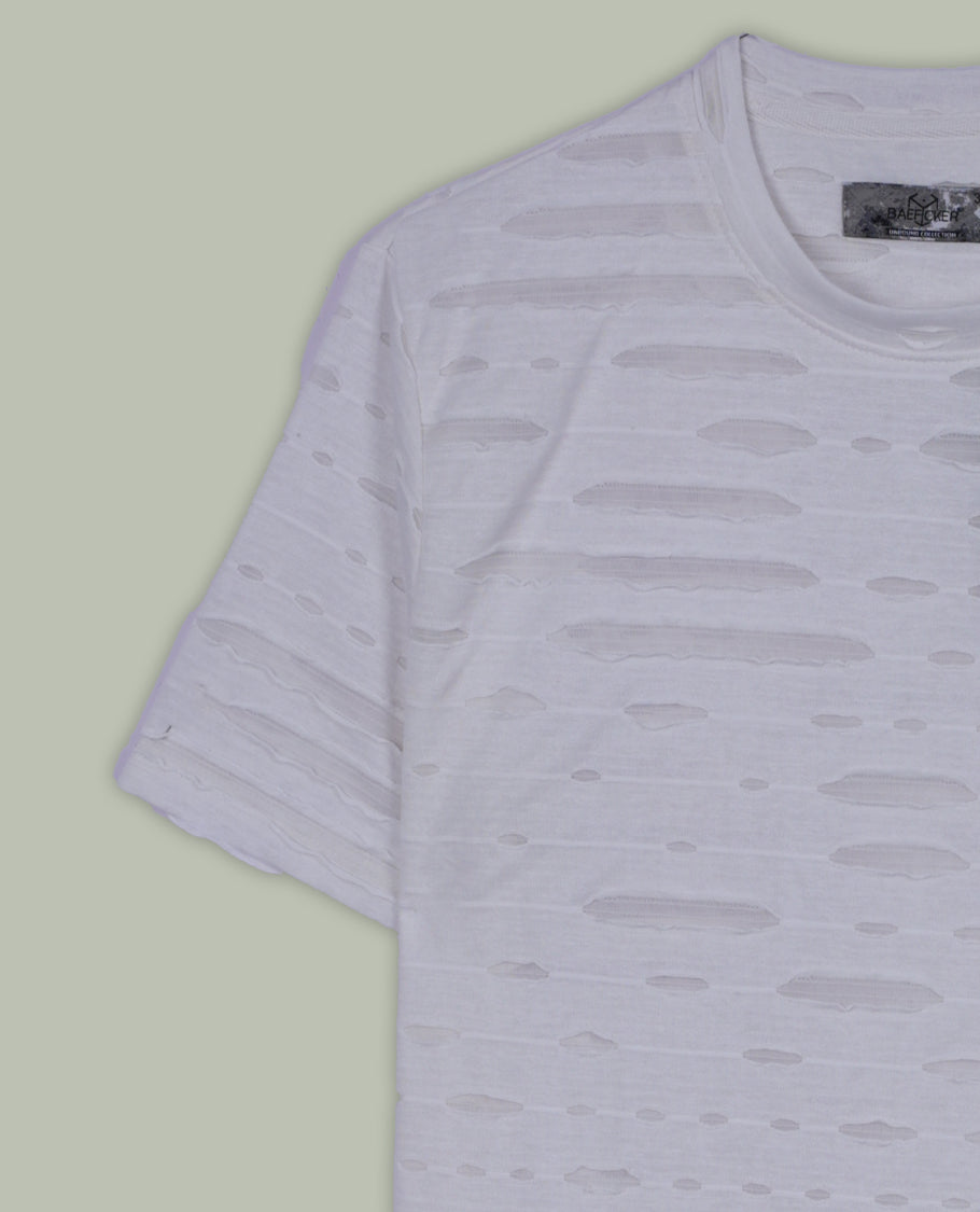 Off white colour textured T shirt featuring a crew neck and short sleeves, Made from lightweight, breathable fabric with a unique distressed pattern that adds a modern, casual edge to your everyday look.
